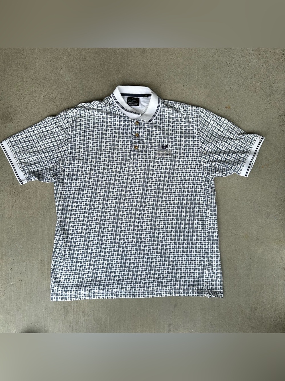 Greg Norman Collection 1990s White & Navy Geometric Golf Polo Shirt